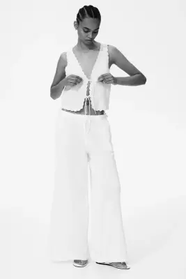 Pantalon en mousseline avec cordon de serrage - Crème — photo 1