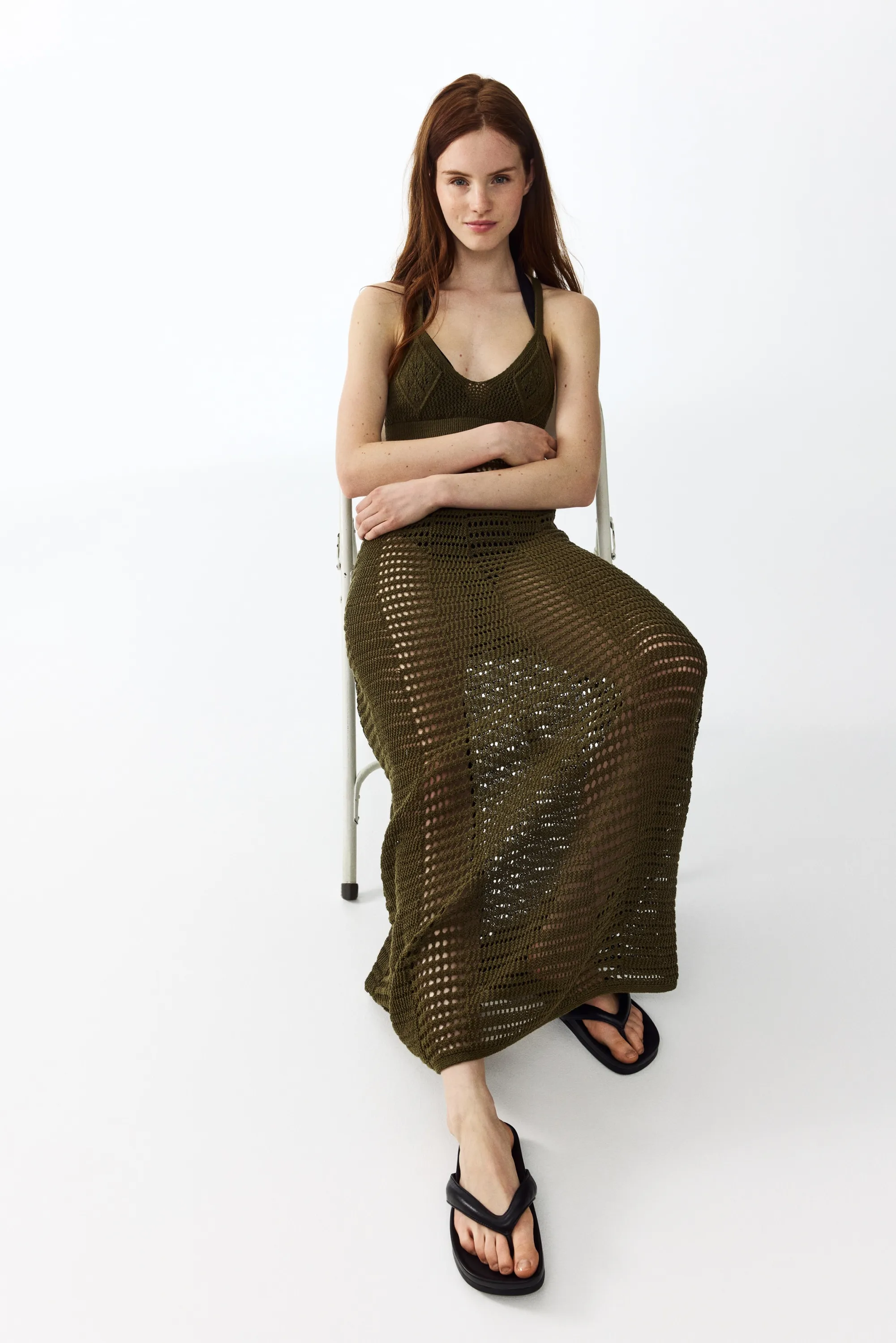Robe maxi façon crochet - Vert kaki foncé