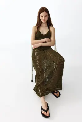 Robe maxi façon crochet - Vert kaki foncé — photo 1