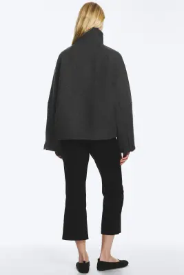 Veste en laine mélangée à col montant - Gris foncé chiné — photo 5