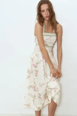 Robe avec détail à nouer - Crème/fleuri — photo 2