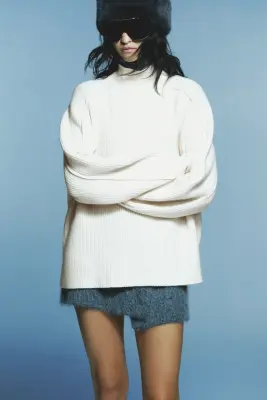 Pull en maille côtelée avec col cheminée - Beige clair — photo 1