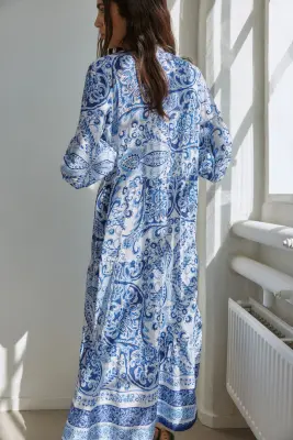 Robe midi à étages - Bleu/motif cachemire — photo 3