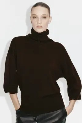 Pull col roulé en maille fine - Marron foncé — photo 1