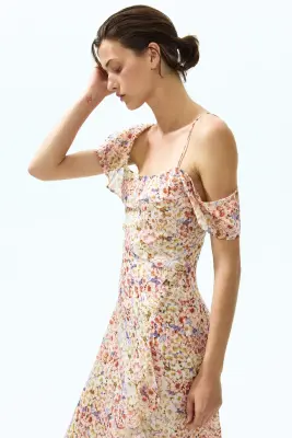 Robe asymétrique avec épaules dénudées - Beige clair/fleuri — photo 3