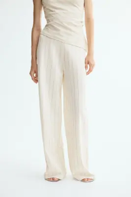 Pantalon en coton mélangé avec taille élastique - Beige clair/rayé — photo 3