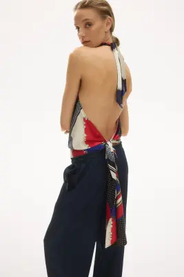 Cowl-neck halterneck top - Bleu vif/rouge — photo 1