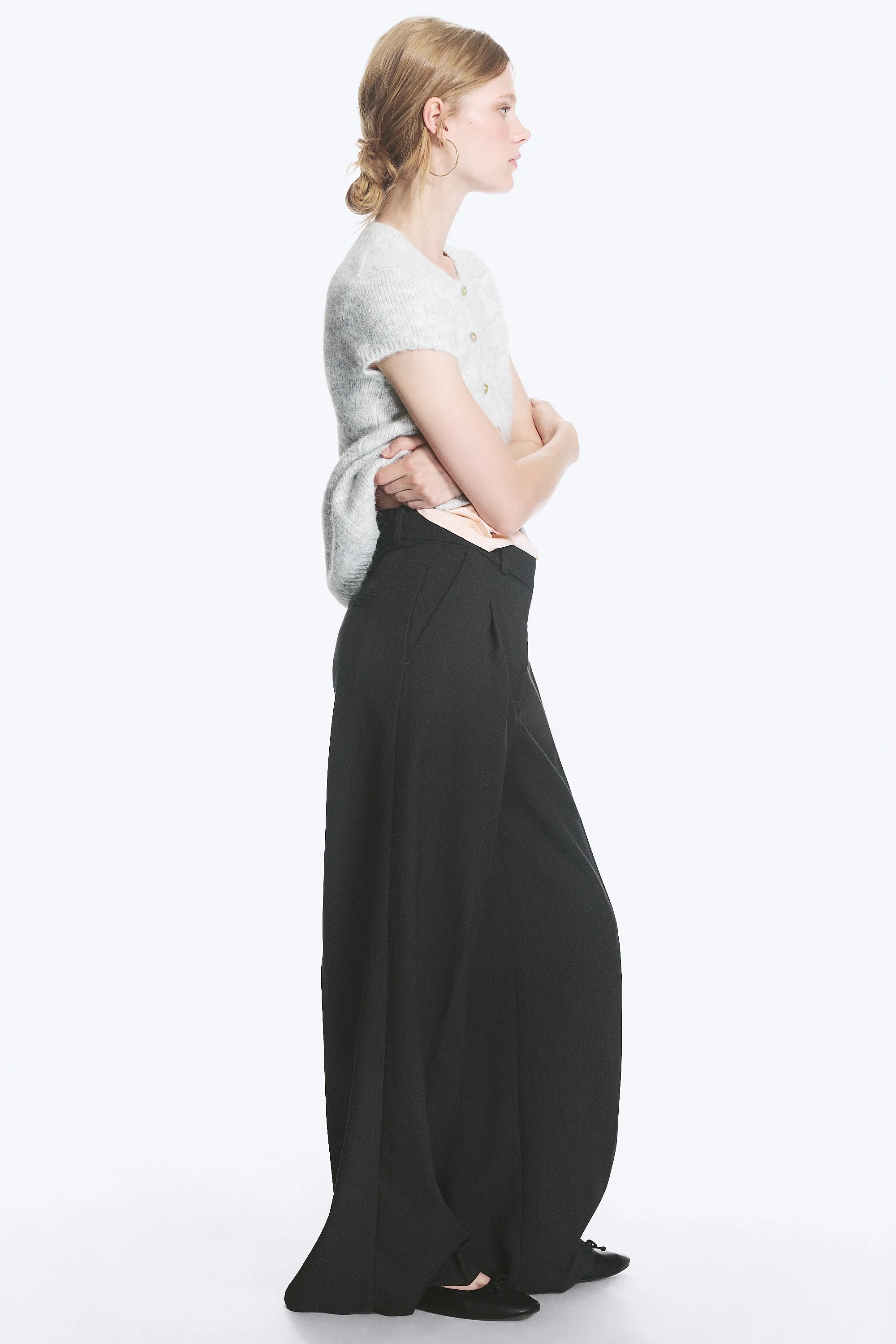 Pantalon de costume large taille haute - Gris foncé chiné