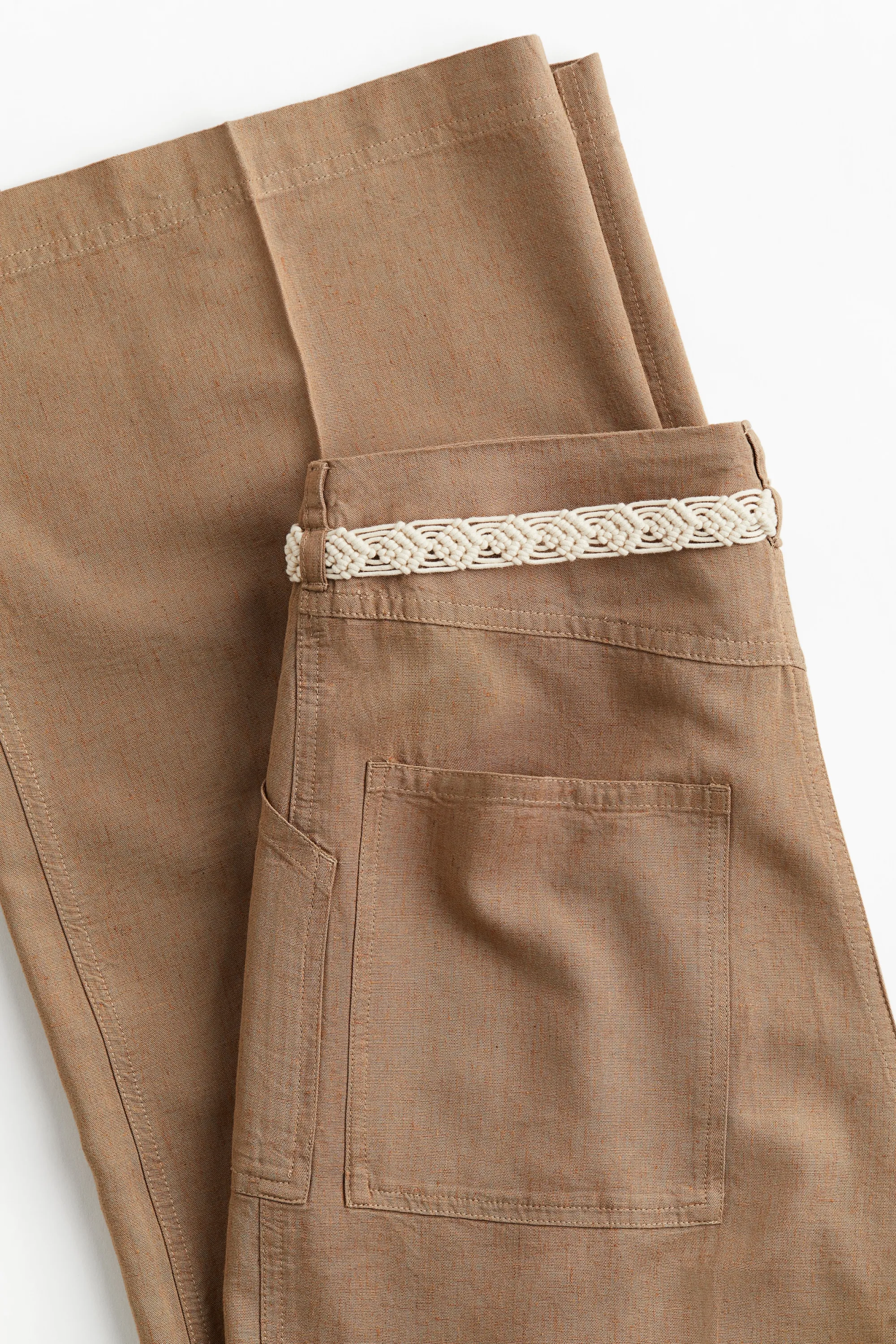 Pantalon en lin mélangé avec ceinture à nouer - Beige