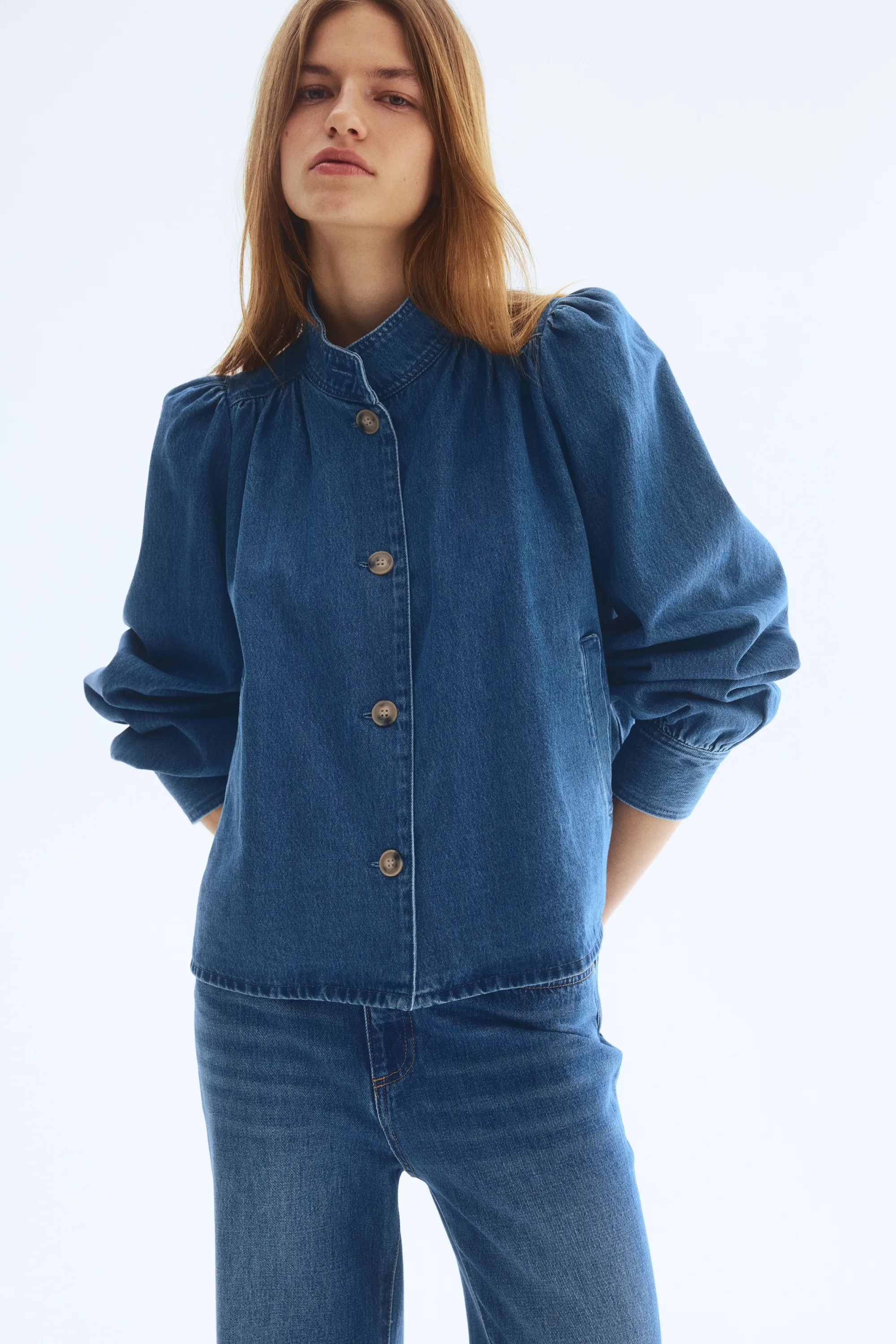 Veste à manches bouffantes en twill - Bleu denim