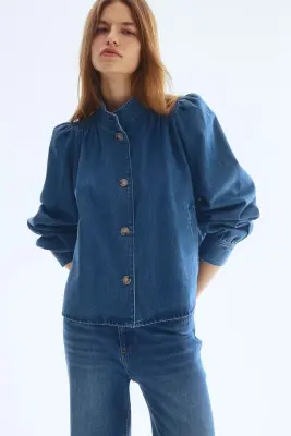 Veste à manches bouffantes en twill - Bleu denim — photo 1