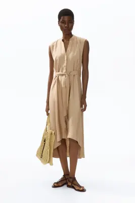 Robe chemise avec ceinture à nouer - Beige — photo 1