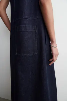 ROBE MIDI TRAPÈZE EN DENIM - BLEU ENCRE — photo 3