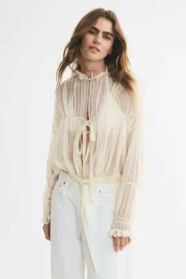 Blouse vaporeuse à nouer - Crème — photo 2