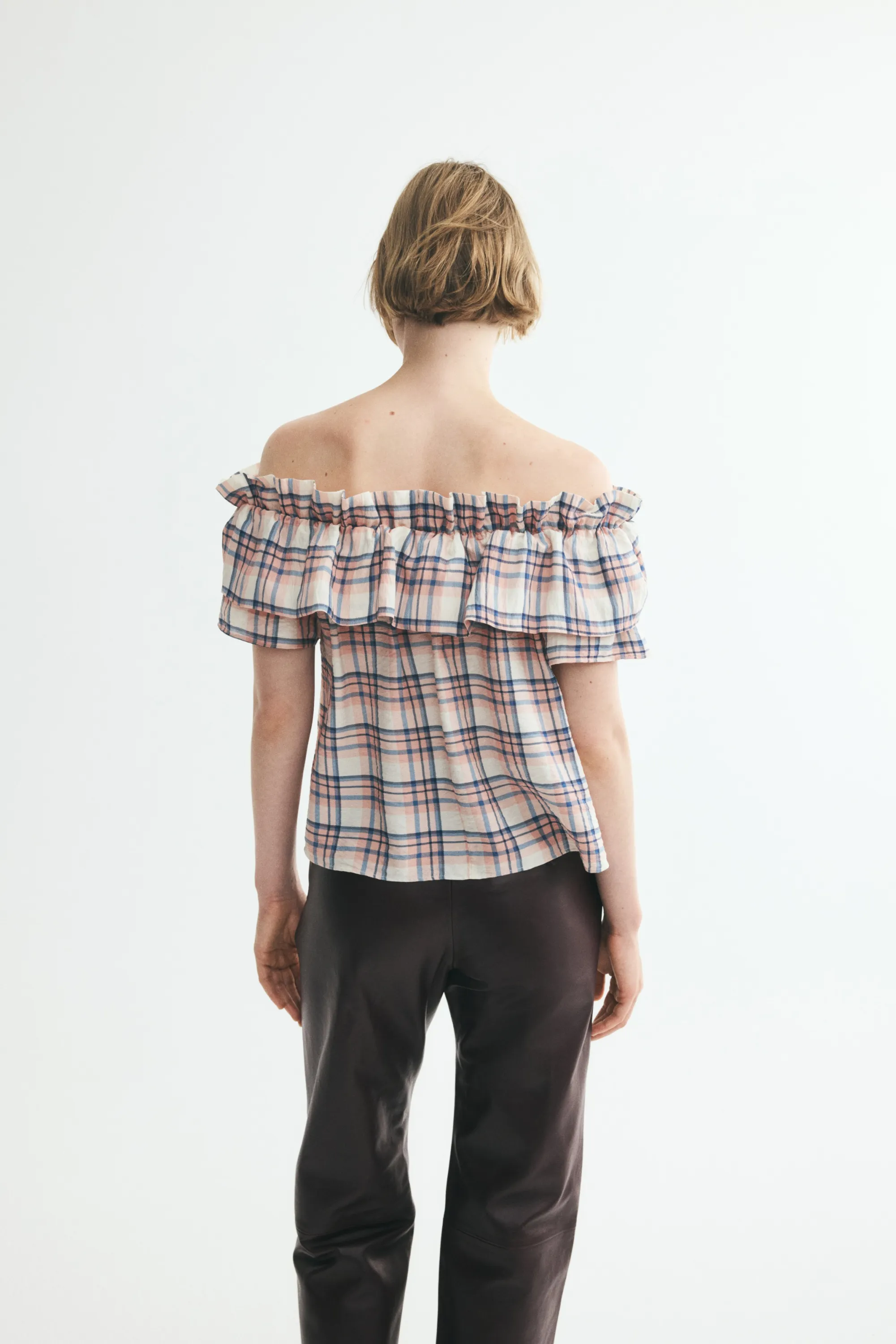 Top épaules nues volanté - Beige clair/carreaux