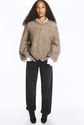 Pull oversize à manches ballon, mélange de mohair - Taupe cendré — photo 1