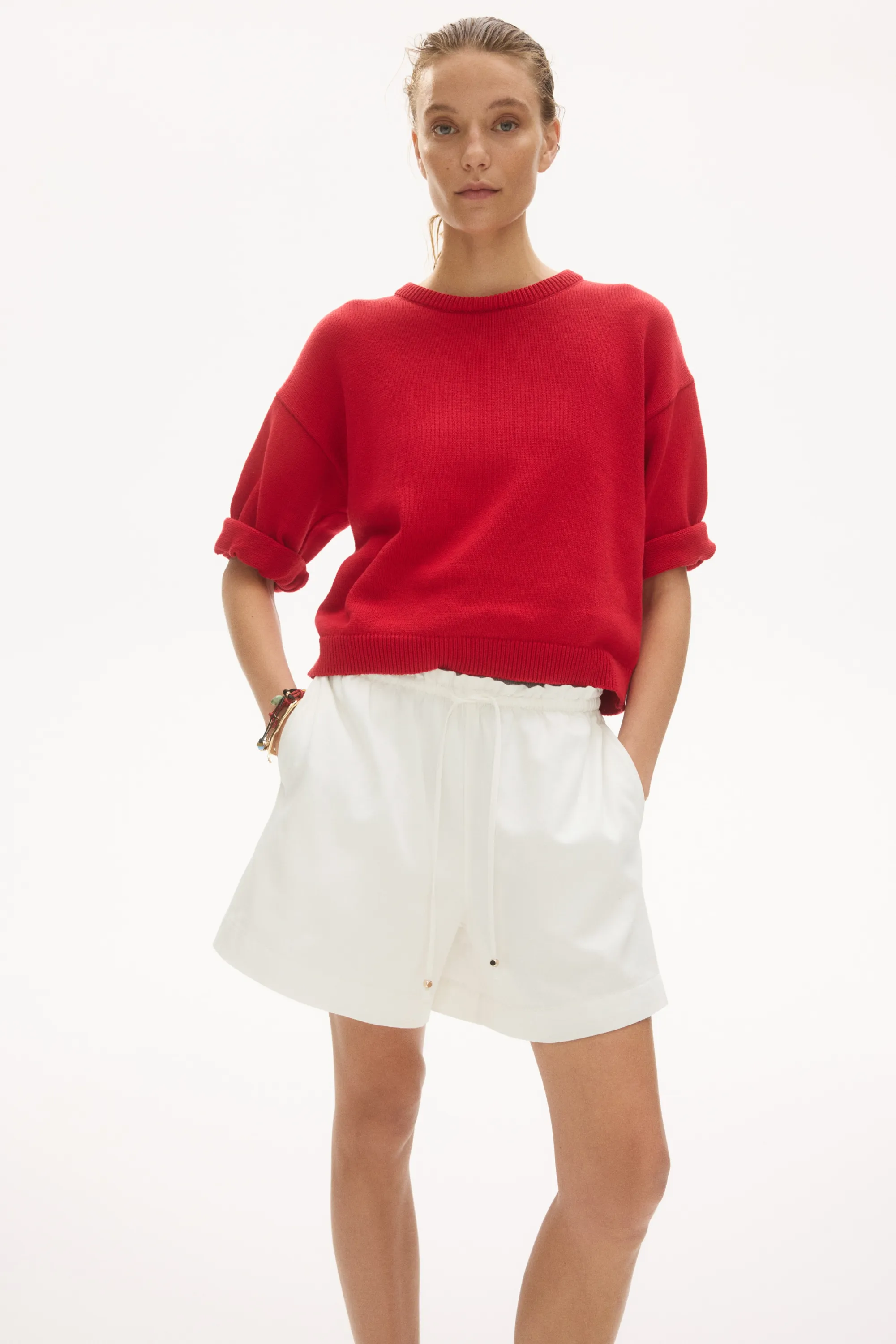 Short en denim avec cordon de serrage - Blanc