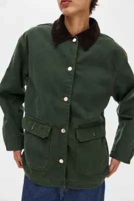 Oversized corduroy-collar jacket - Vert foncé — photo 1