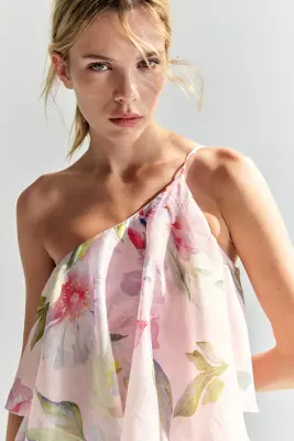 Robe asymétrique à étages en lin mélangé - Rose clair/fleuri — photo 2