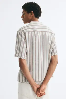 Chemise Regular Fit en coton avec col cubain - Bleu clair/rayé — photo 3