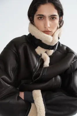 Veste en cuir et peau lainée - Marron foncé — photo 1