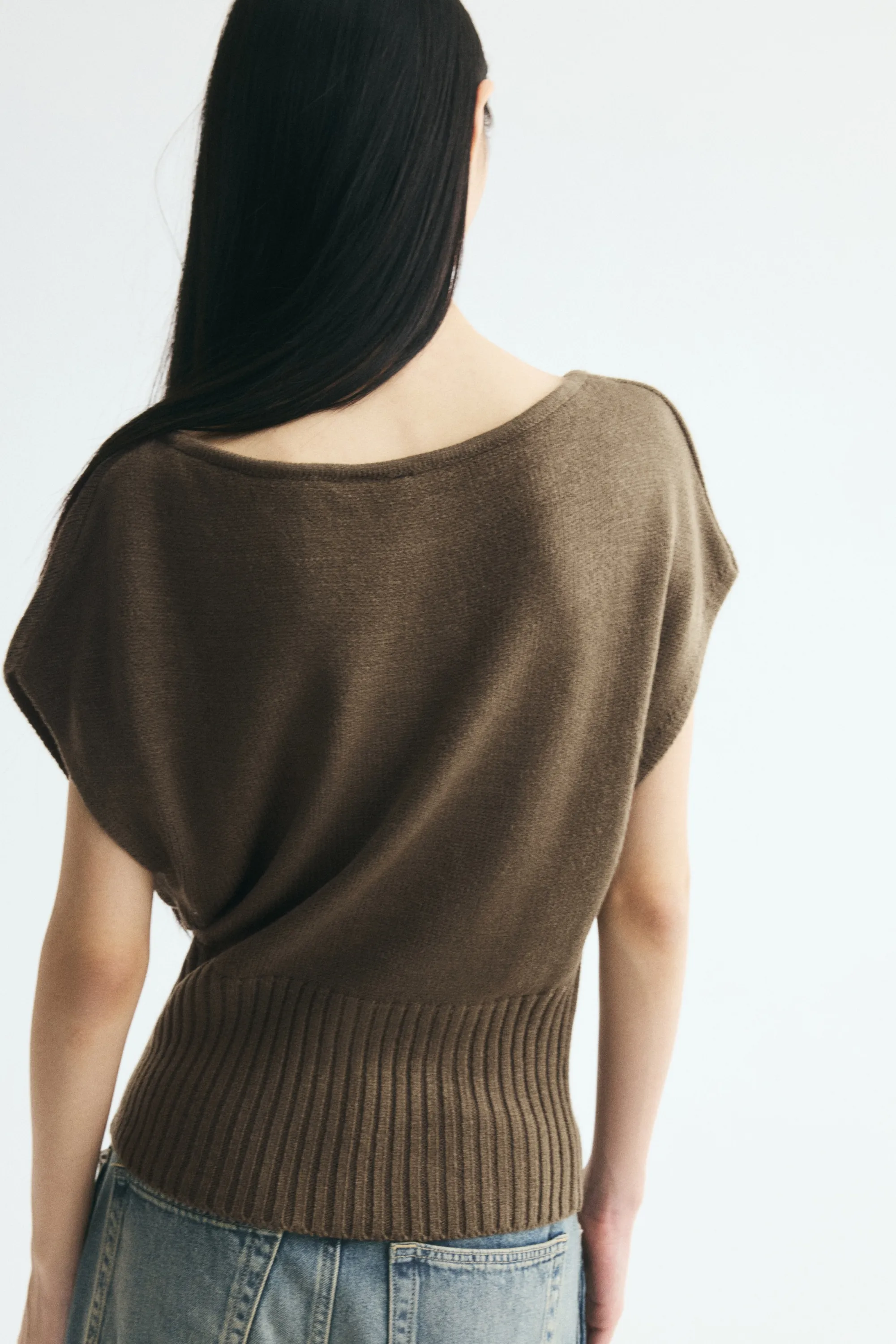 Top épaules nues en maille - Beige foncé