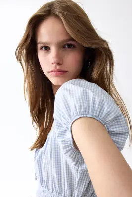 Robe à taille smockée - Bleu clair/carreaux — photo 3