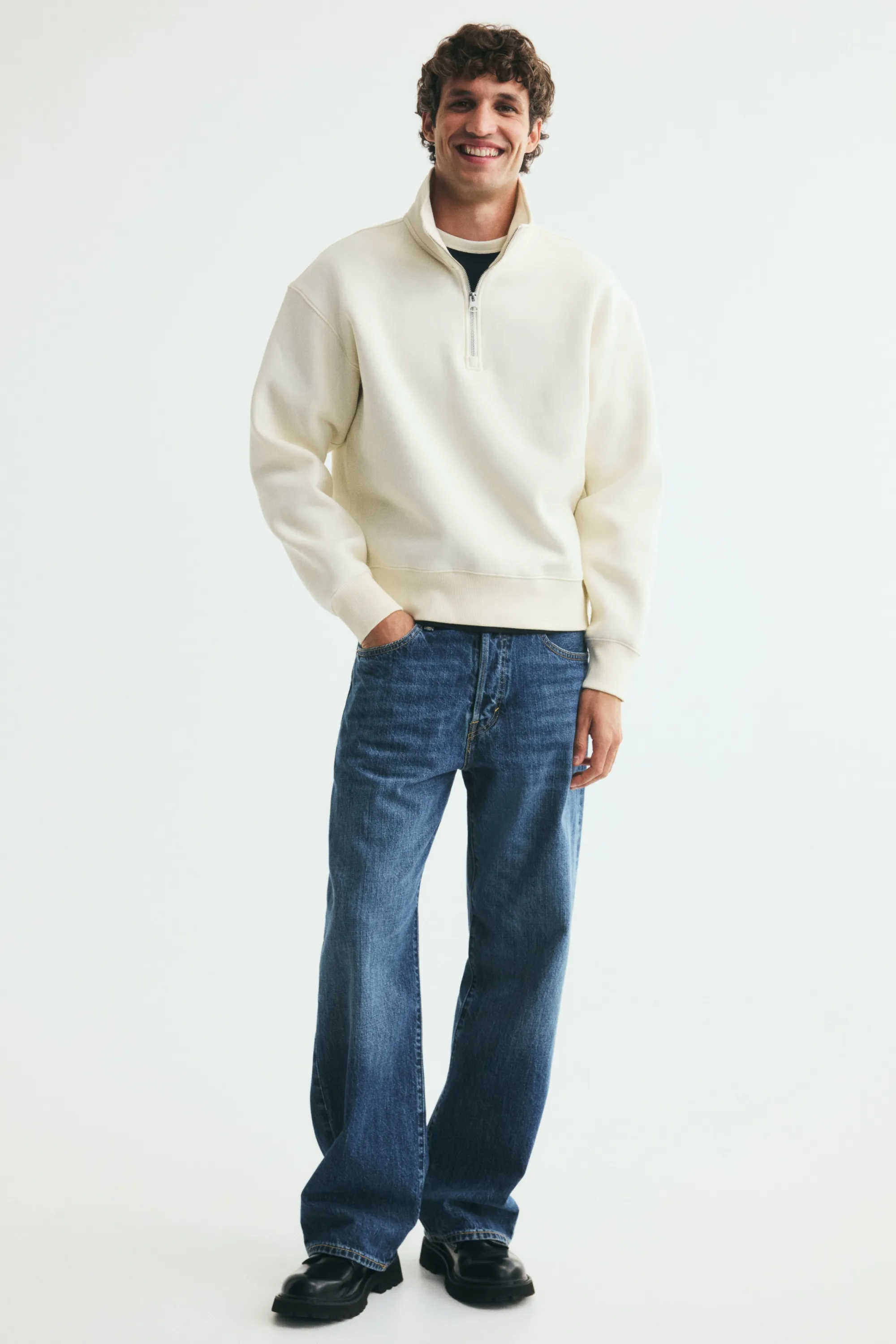 Sweat Relaxed Fit avec col zippé - Crème