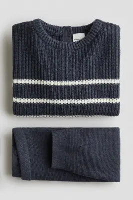 Ensemble 2 pièces en maille de coton - Bleu marine/rayures blanches — photo 1