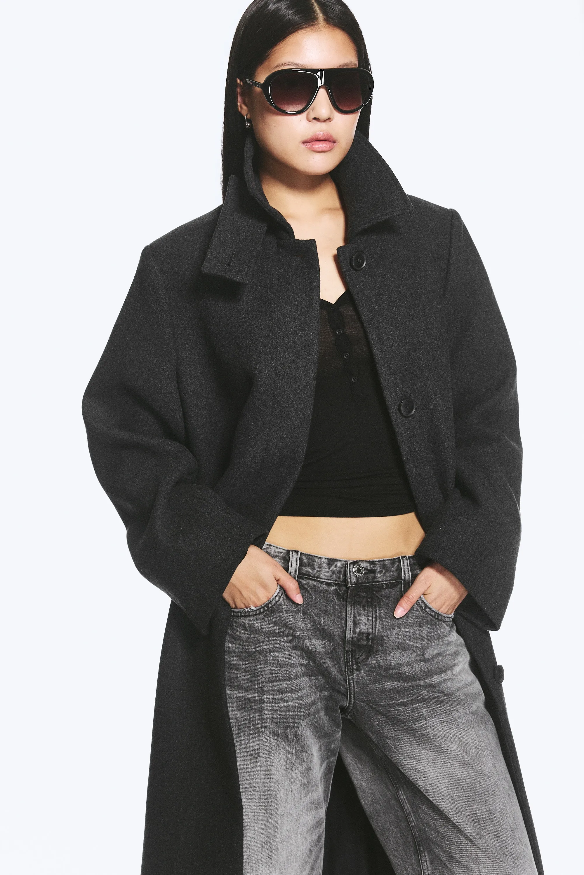 Manteau oversize en laine mélangée à boutonnage simple - Gris foncé chiné