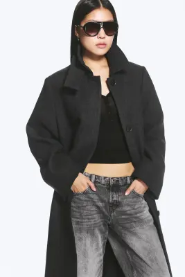 Manteau oversize en laine mélangée à boutonnage simple - Gris foncé chiné — photo 1