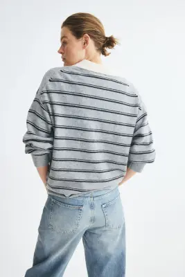 Polo oversize en maille fine - Gris chiné/rayé — photo 3