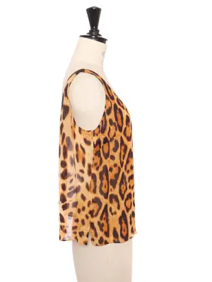 Débardeur en soie imprimé léopard marron, noir et beige Prix boutique 250 € Taille M — photo 4