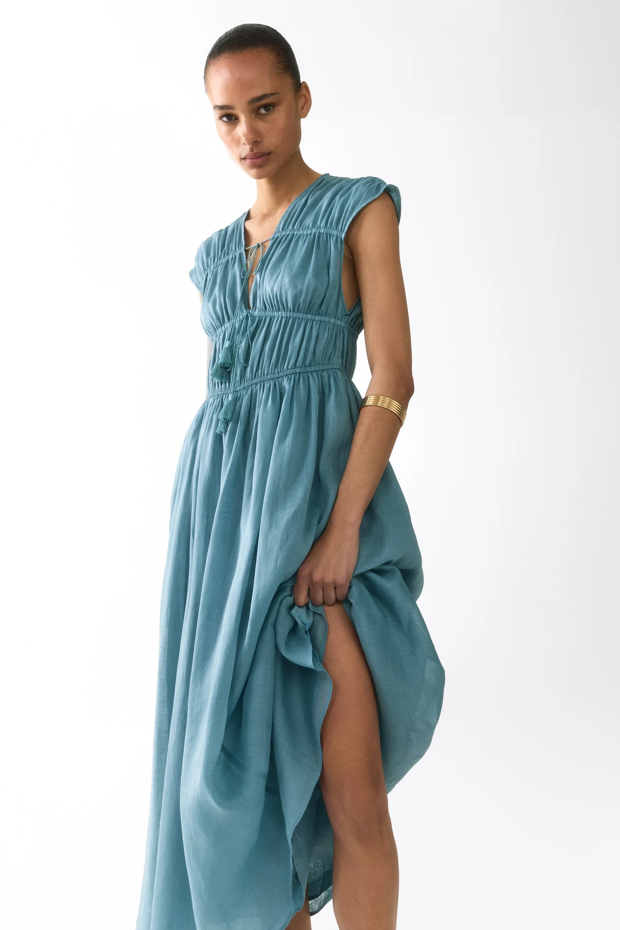 Robe en ramie avec cordons de serrage - Turquoise ancien
