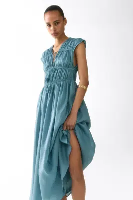 Robe en ramie avec cordons de serrage - Turquoise ancien — photo 1
