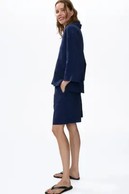 Chemise popover en lin mélangé - Bleu foncé — photo 2