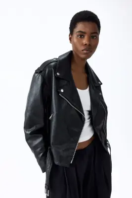Veste de style motard en tissu enduit - Noir — photo 2