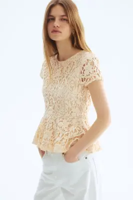 Top péplum façon crochet - Crème — photo 2