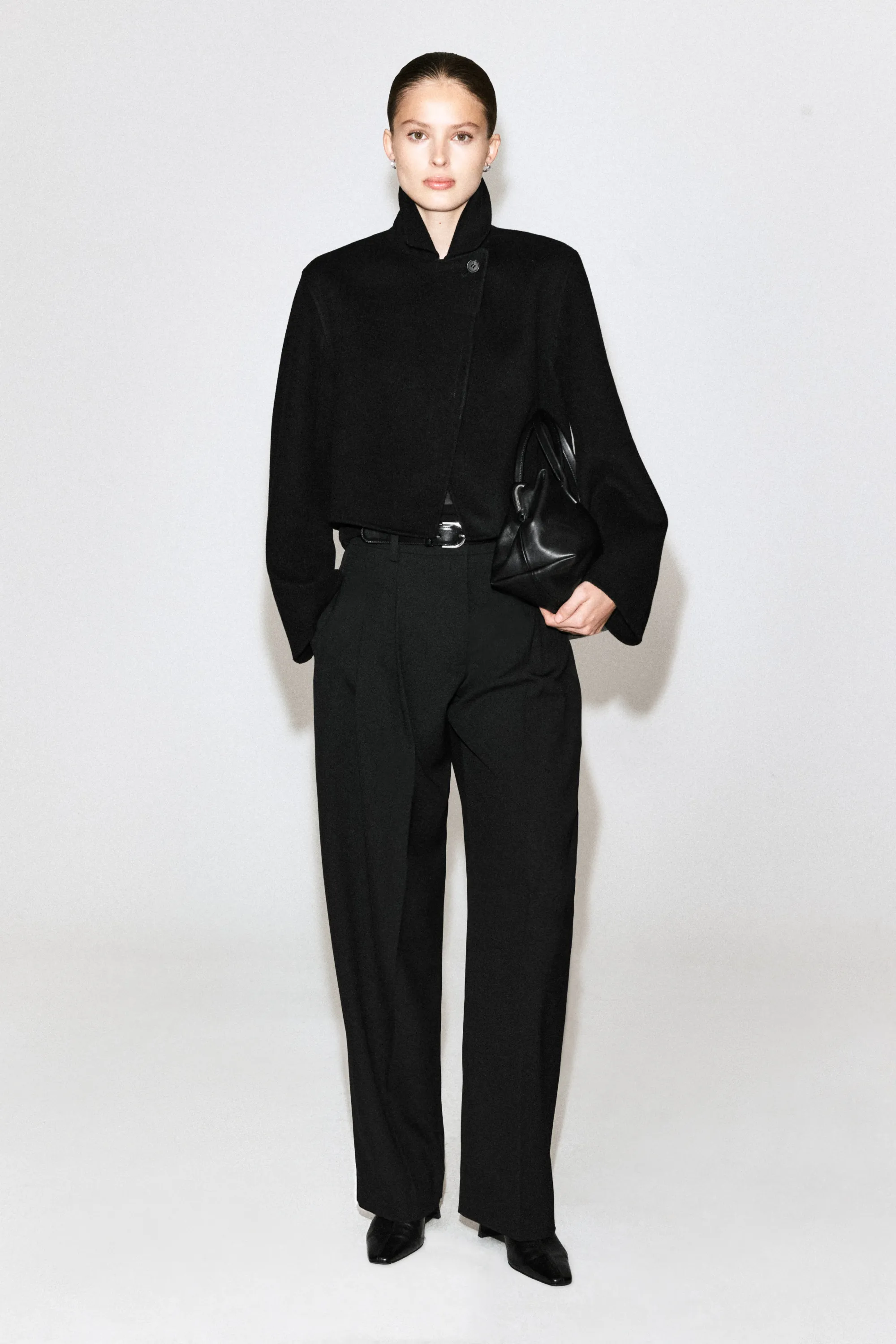VESTE OVERSIZE COURTE EN LAINE DOUBLE FACE - NOIR