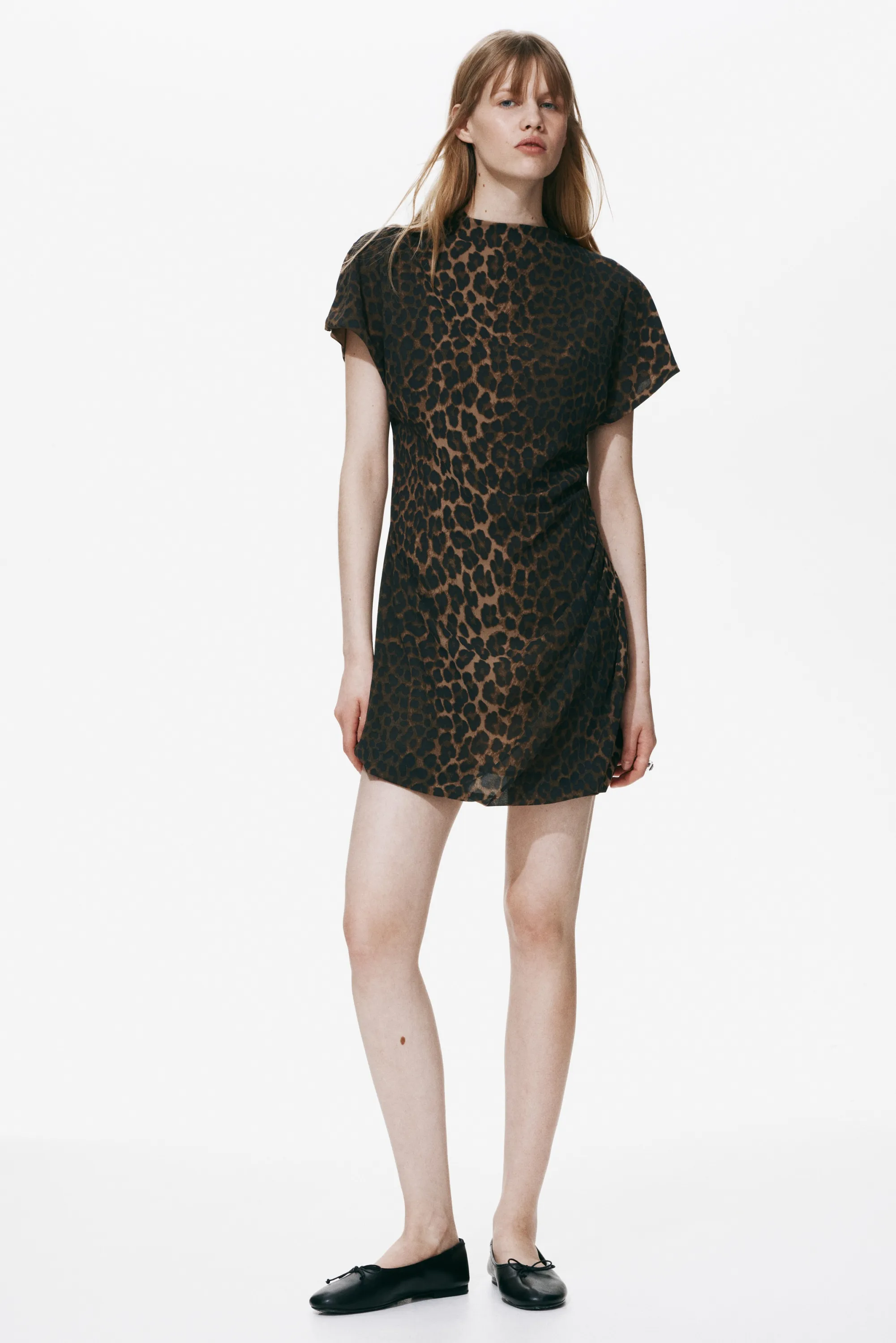 Robe à effet drapé avec col cheminée - Marron/imprimé léopard