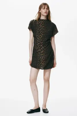 Robe à effet drapé avec col cheminée - Marron/imprimé léopard — photo 1