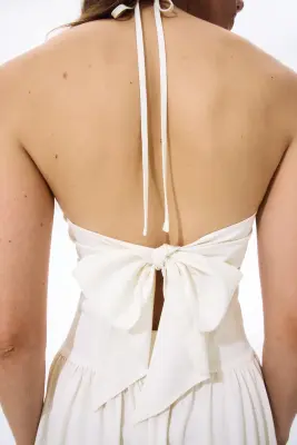 Robe dos nu à effet froncé - Crème — photo 3