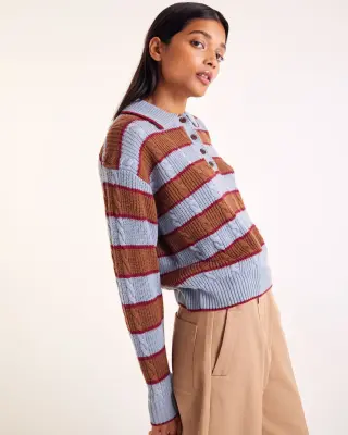 Pull Isidore rayures bleu, cannelle et bordeaux — photo 2