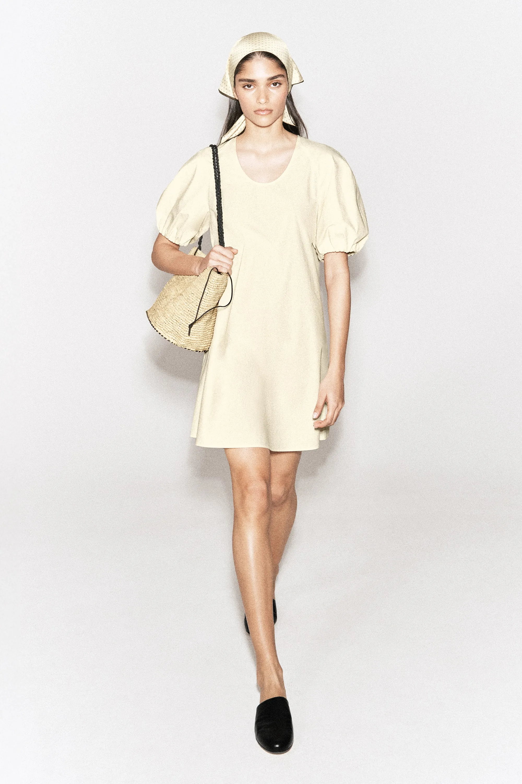 ROBE COURTE À MANCHES BALLON EN COTON - JAUNE BEURRE