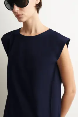 FOLDED-SHOULDER COTTON-JERSEY MIDI DRESS - BLEU MARINE — photo 2