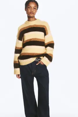 Pull en maille duveteuse coupe décontractée - Rayures jaune fané & marron — photo 2