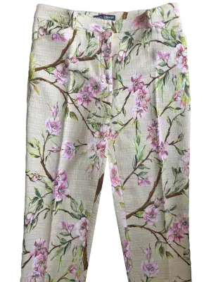 Pantalon droit beige imprimé fleurs de cerisier rose blanc vert Prix boutique $850 Taille XS — photo 4
