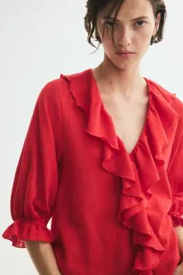 Blouse volantée en coton mélangé - Rouge — photo 2