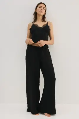 Pantalon à cordon en viscose mélangée - Noir — photo 1