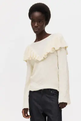 Textured-knit frill-trimmed top - Crème — photo 2